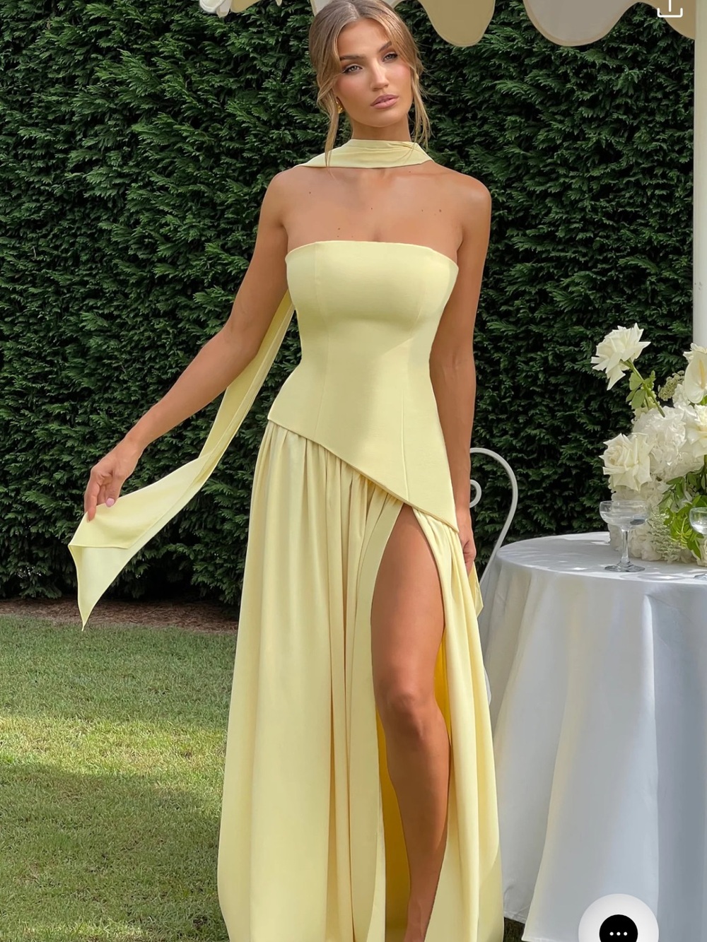 Strapless Yellow High-Slit Evening Gown with Neck Sash